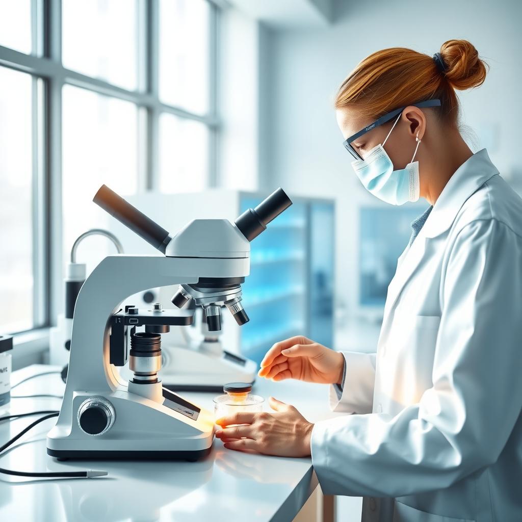 Scientist in a modern fertility clinic lab examining a petri dish under a microscope