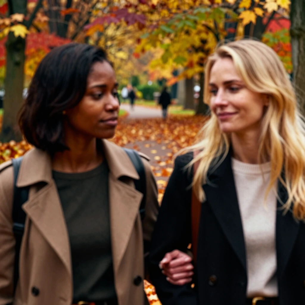 Two friends sharing emotional support during a walk in an autumn park