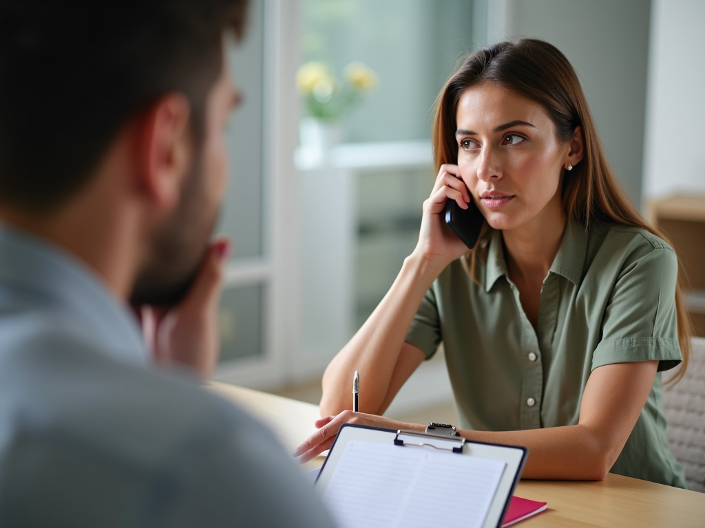 Woman talking to insurance representative about fertility coverage.