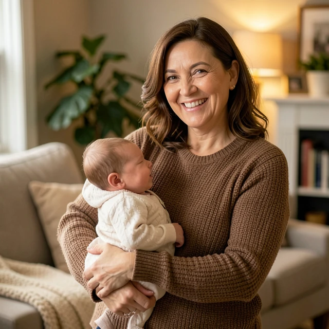 Woman over 35 with her baby after using preserved fertility