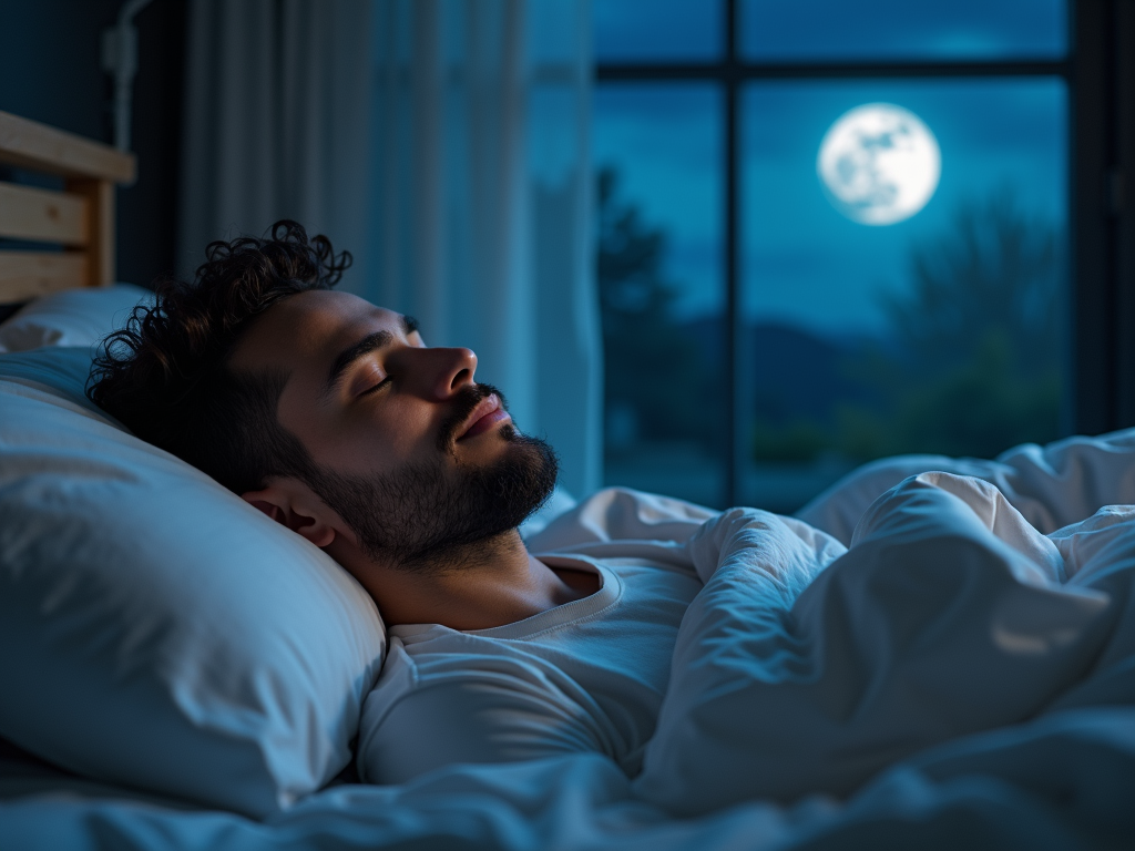 A man sleeping peacefully in bed.
