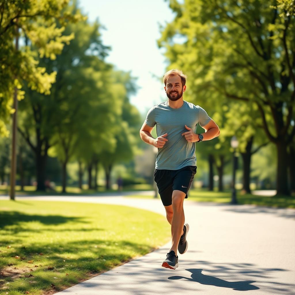 Man jogging in a park on a sunny day, promoting a healthy lifestyle.