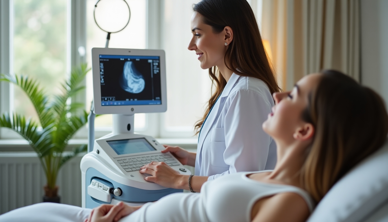 A doctor performing an ultrasound on a patient in a calm and supportive environment.