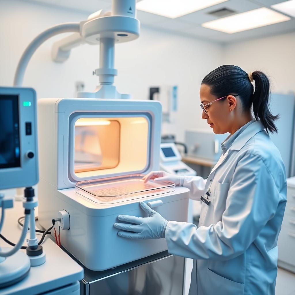 Scientist working with a cryopreservation tank in a fertility clinic laboratory.