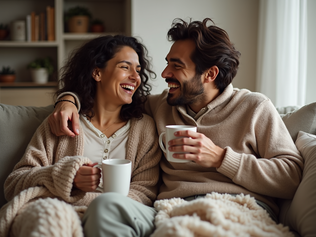 Couple laughing on couch