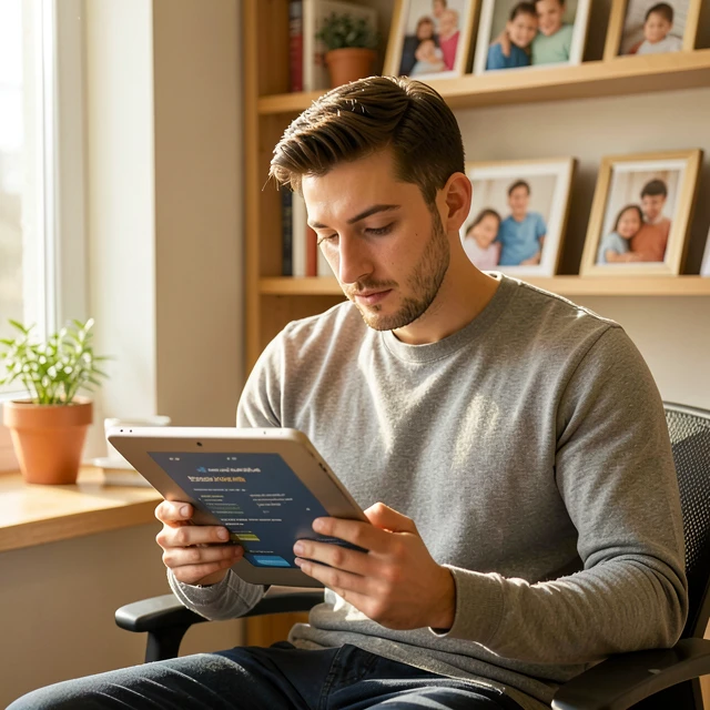 Man researching sperm freezing options on a tablet at home