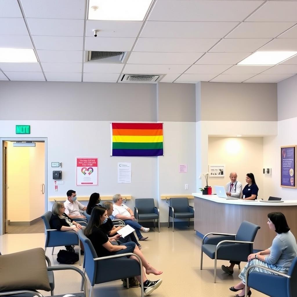 A bright hospital waiting room with inclusive signage, rainbow flag, and diverse patients.