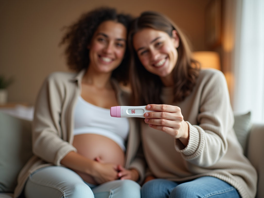 Couple celebrating with positive pregnancy test