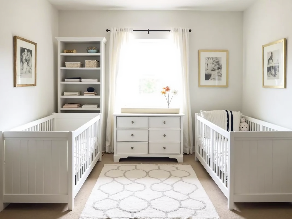 A nursery set up with two cribs, a changing table, and plenty of storage