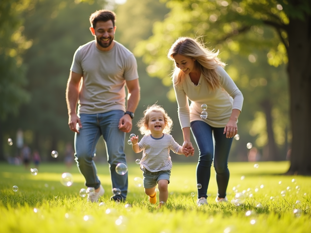 A happy family built through adoption enjoying a park day.