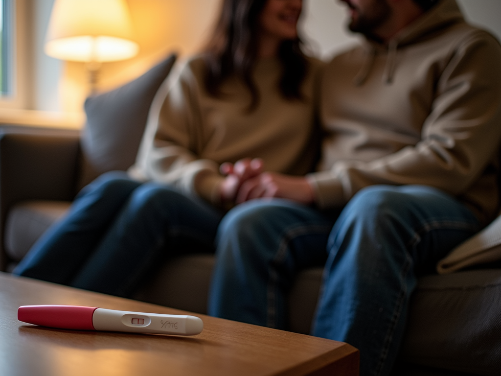 Couple holding hands with pregnancy test on table