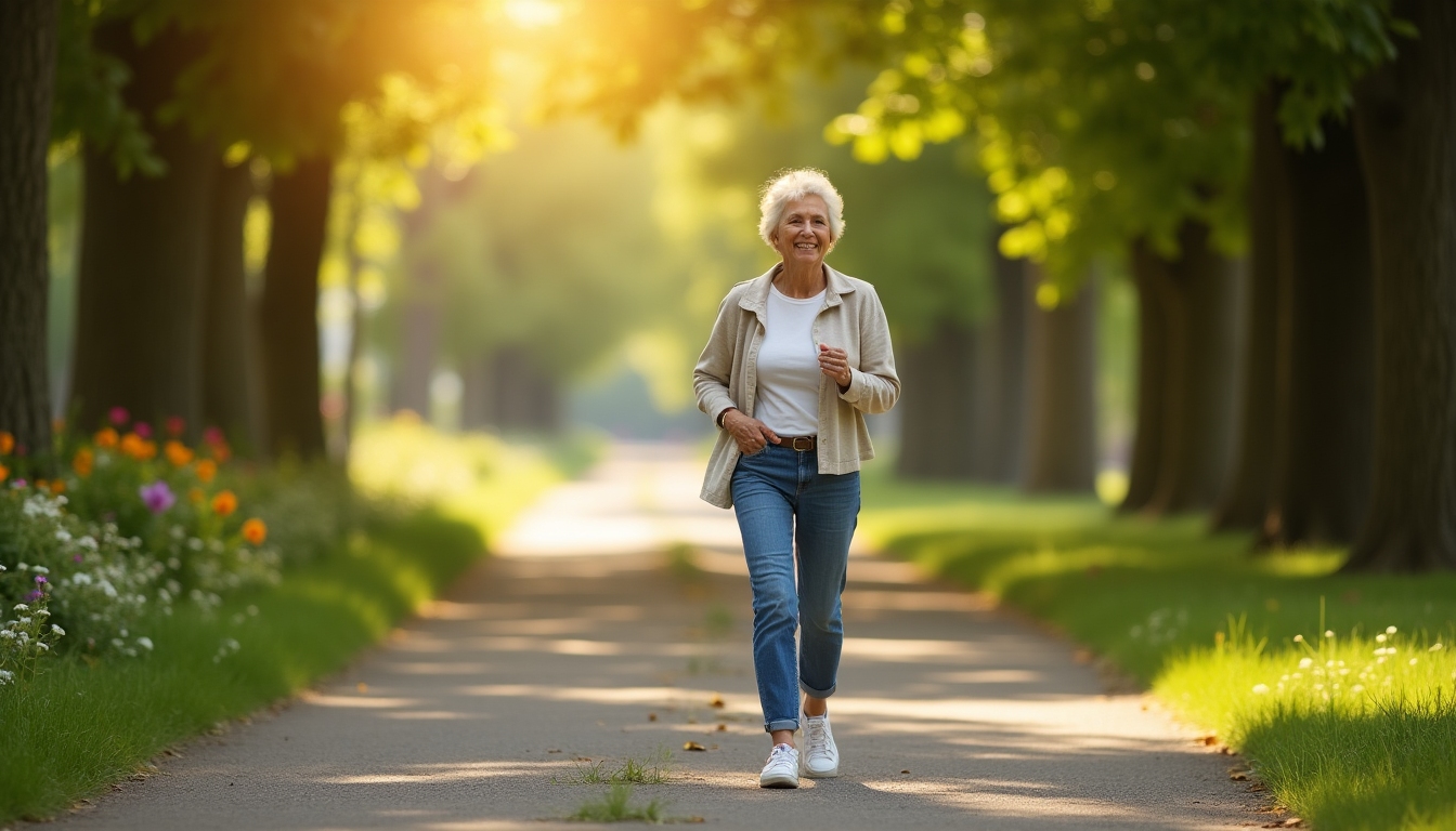 Photo of a strong survivor walking confidently on a path surrounded by nature.