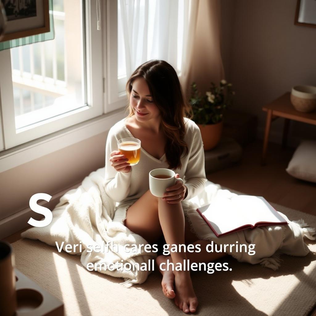 A woman practices self-care, sitting in a cozy room with tea and a journal, bathed in soft sunlight.