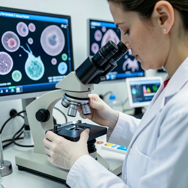 IVF specialist examining embryos in lab