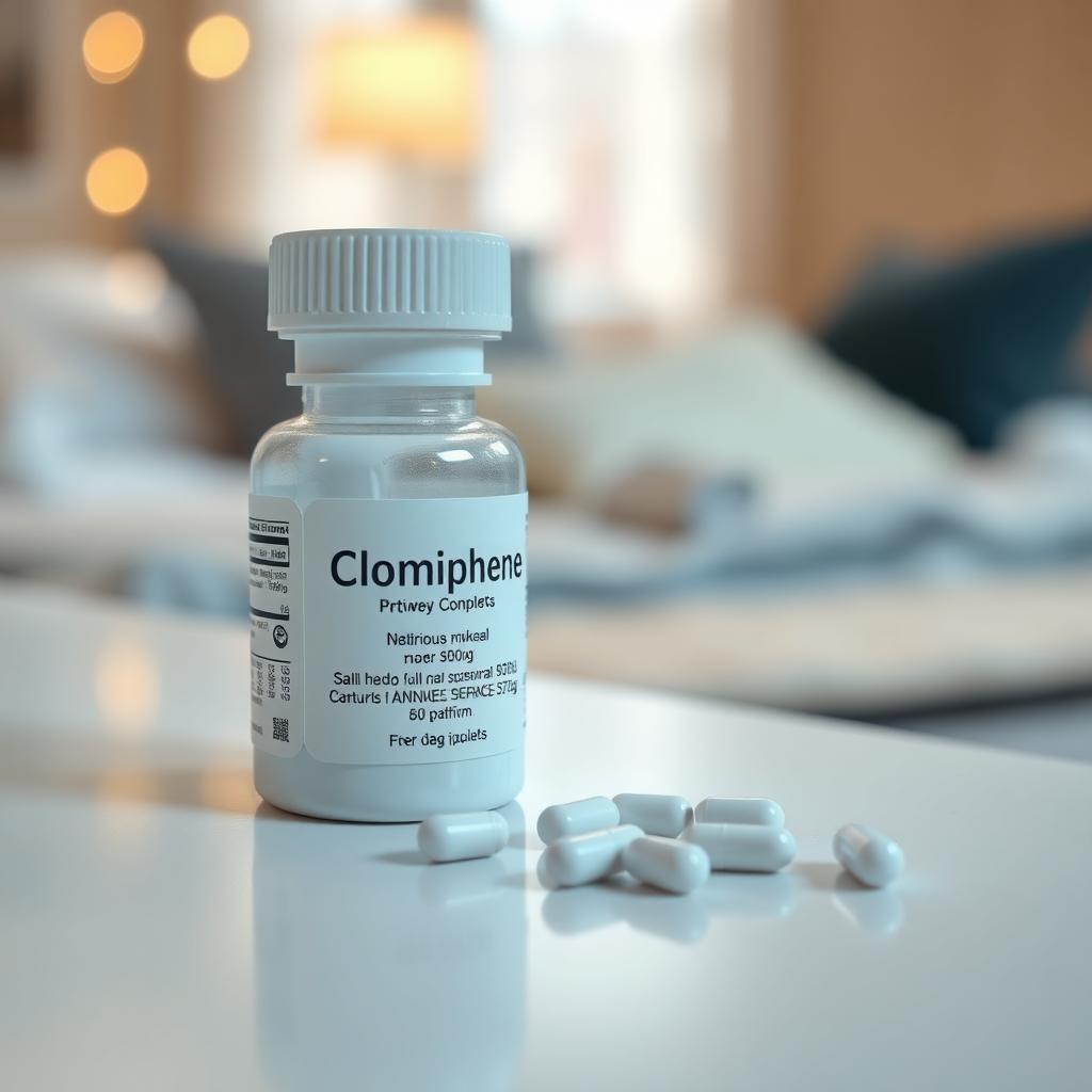 White Clomiphene pill bottle with scattered pills on a white countertop in a cozy bedroom setting.