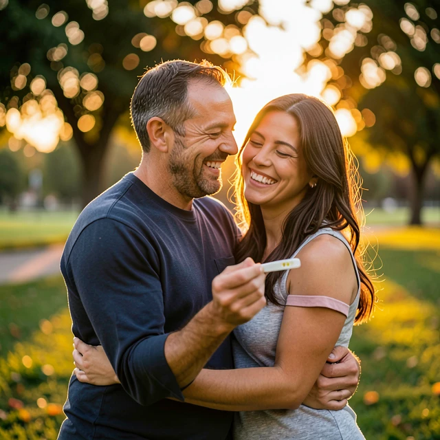Happy couple celebrating positive pregnancy news after overcoming fertility challenges