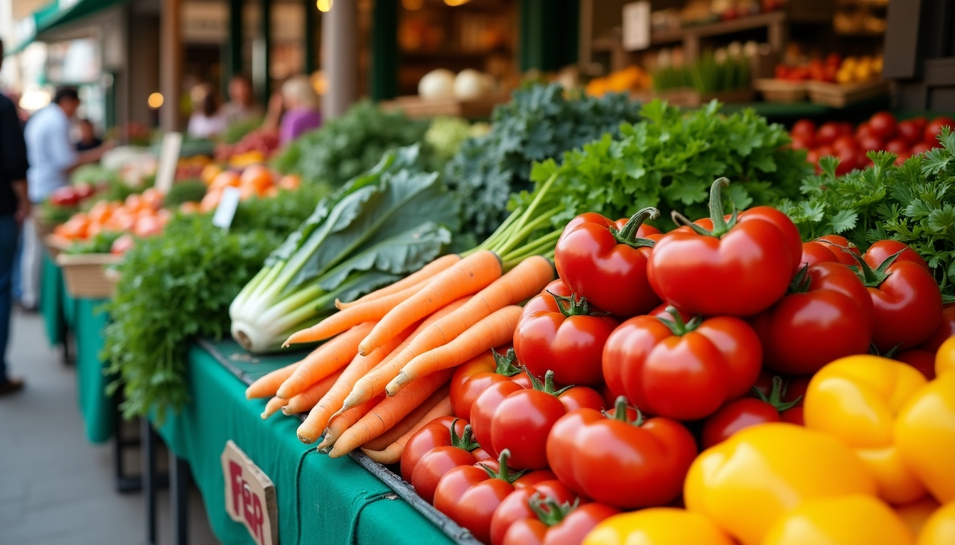 Organic vegetables in a market setting.
