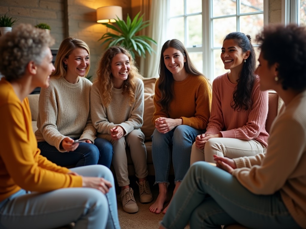 A group support session, diverse women sharing stories and encouraging each other in a warm, supportive environment.