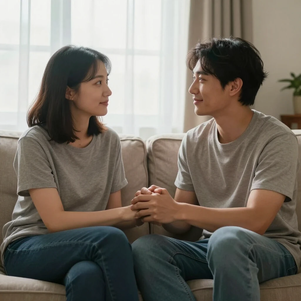 A supportive couple holding hands on a couch, sharing a moment of hope during infertility challenges