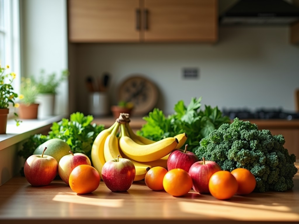 Healthy foods like fruits, vegetables, and whole grains neatly arranged on a kitchen counter, ready for meal prep.