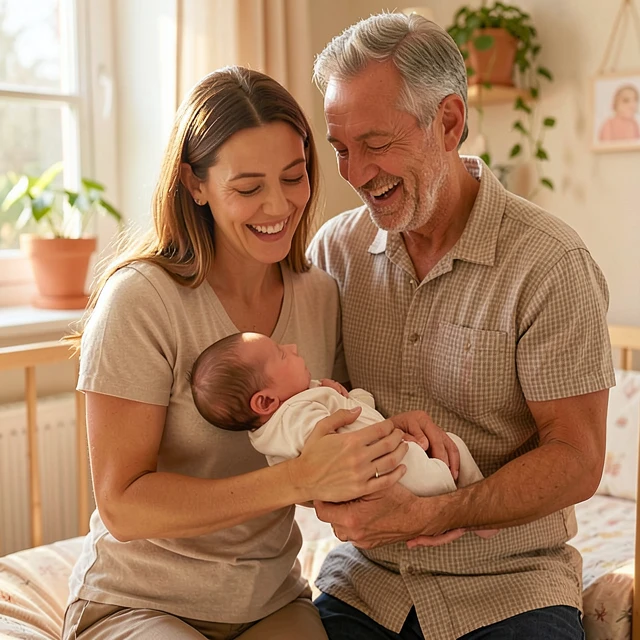 Joyful older couple holding their newborn after successful fertility preservation