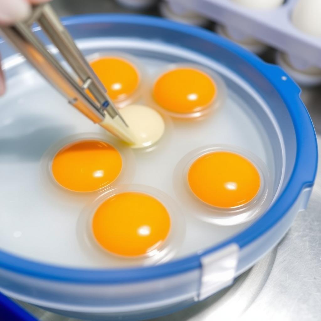 Eggs being prepared for freezing in a laboratory.