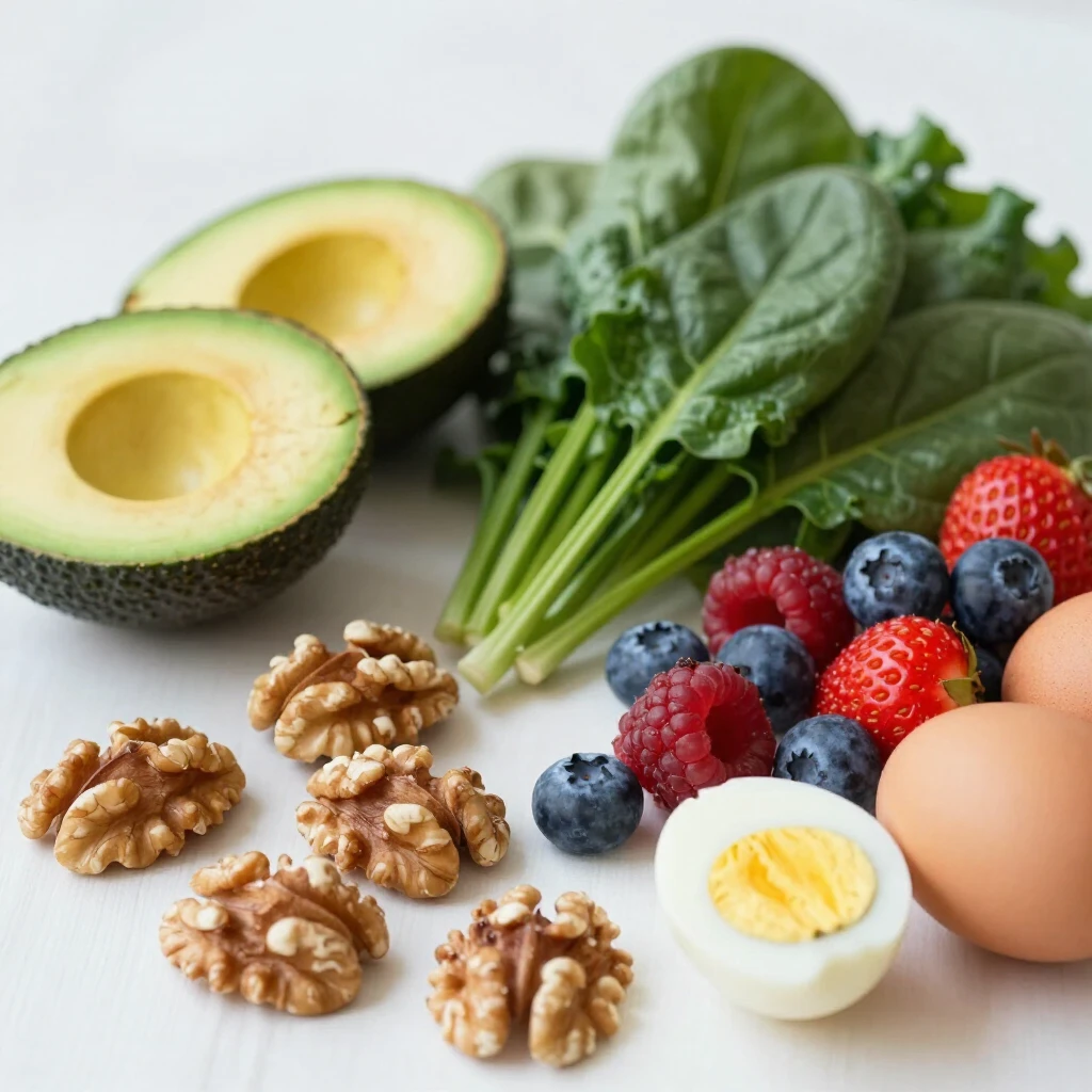 Arrangement of fertility-boosting foods: avocados, walnuts, leafy greens, berries, and eggs