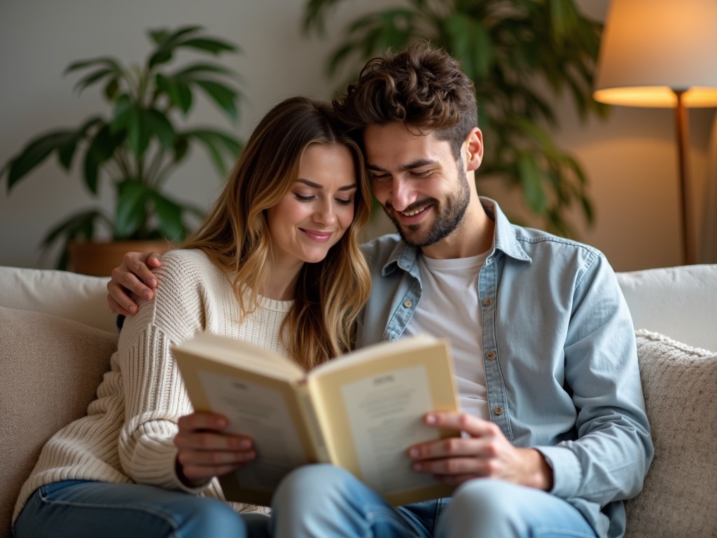 A couple sitting on a couch, looking thoughtful but hopeful as they hold hands, with fertility books spread around.
