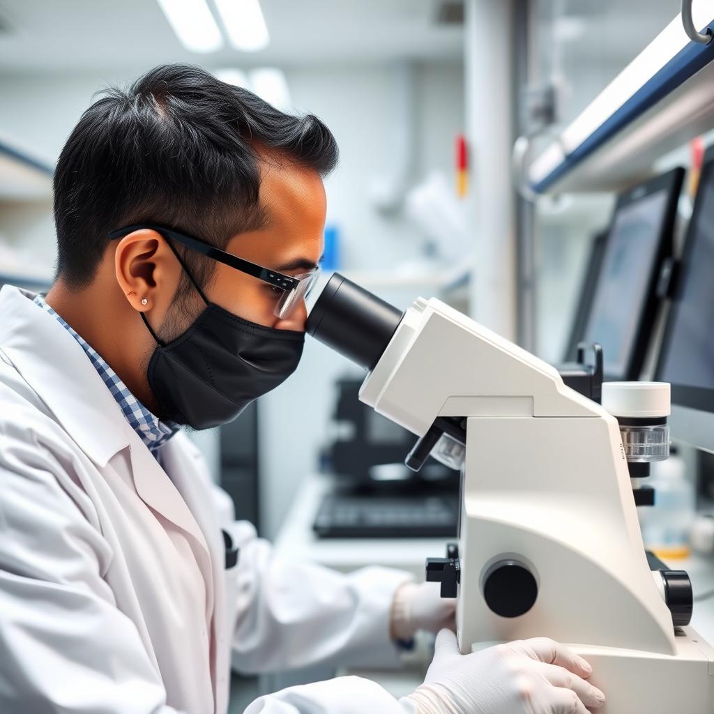 A scientist examining embryos under a microscope