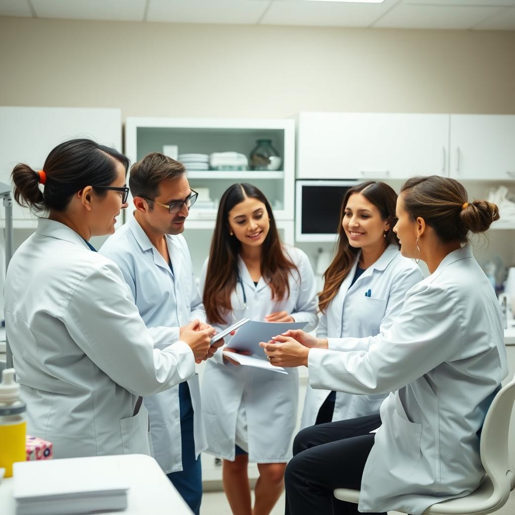 Close-up image of clinic staff members in lab coats discussing patient care in a medical setting.