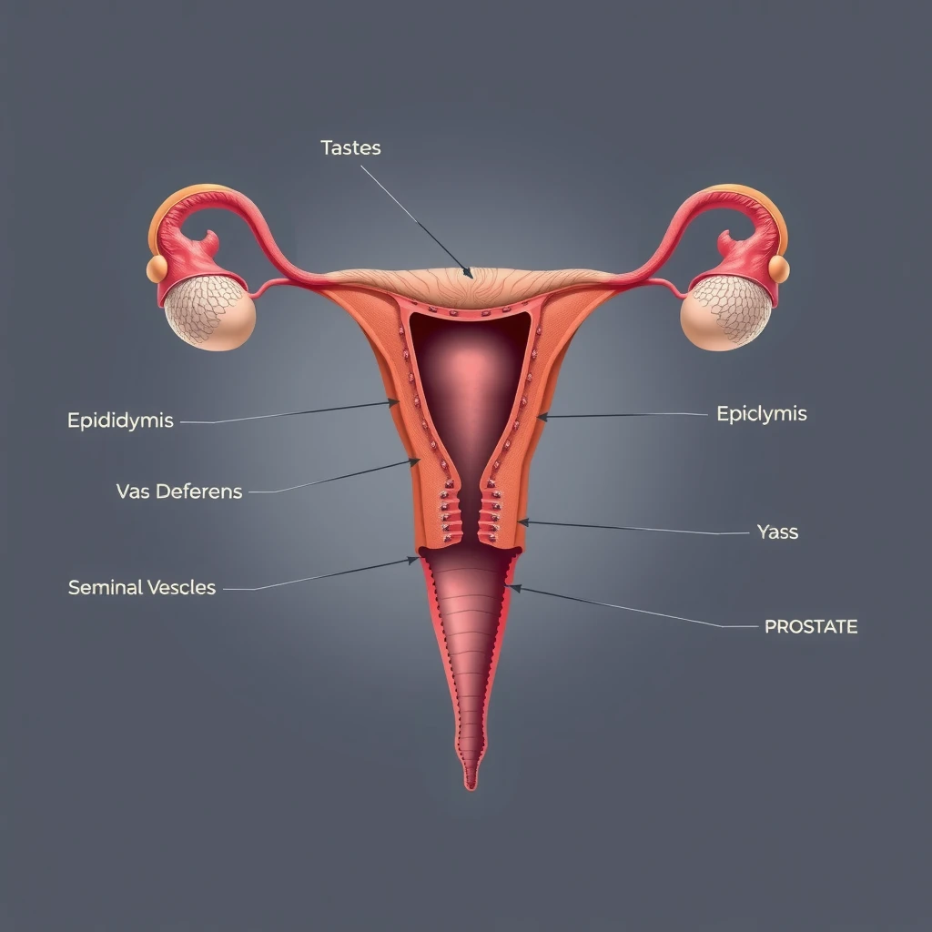Anatomical illustration of the male reproductive system showing key structures involved in sperm production and transport