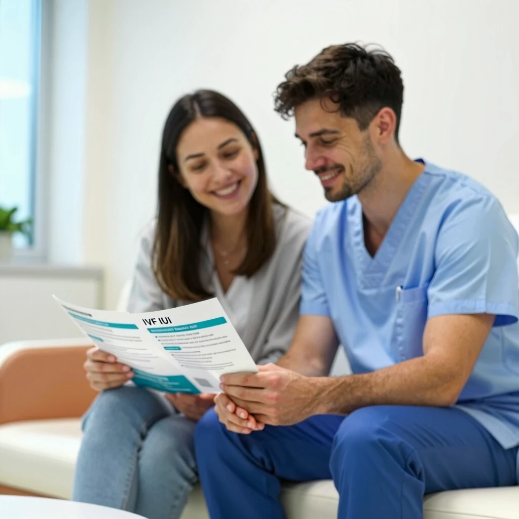 Couple researching fertility treatments in a clinic