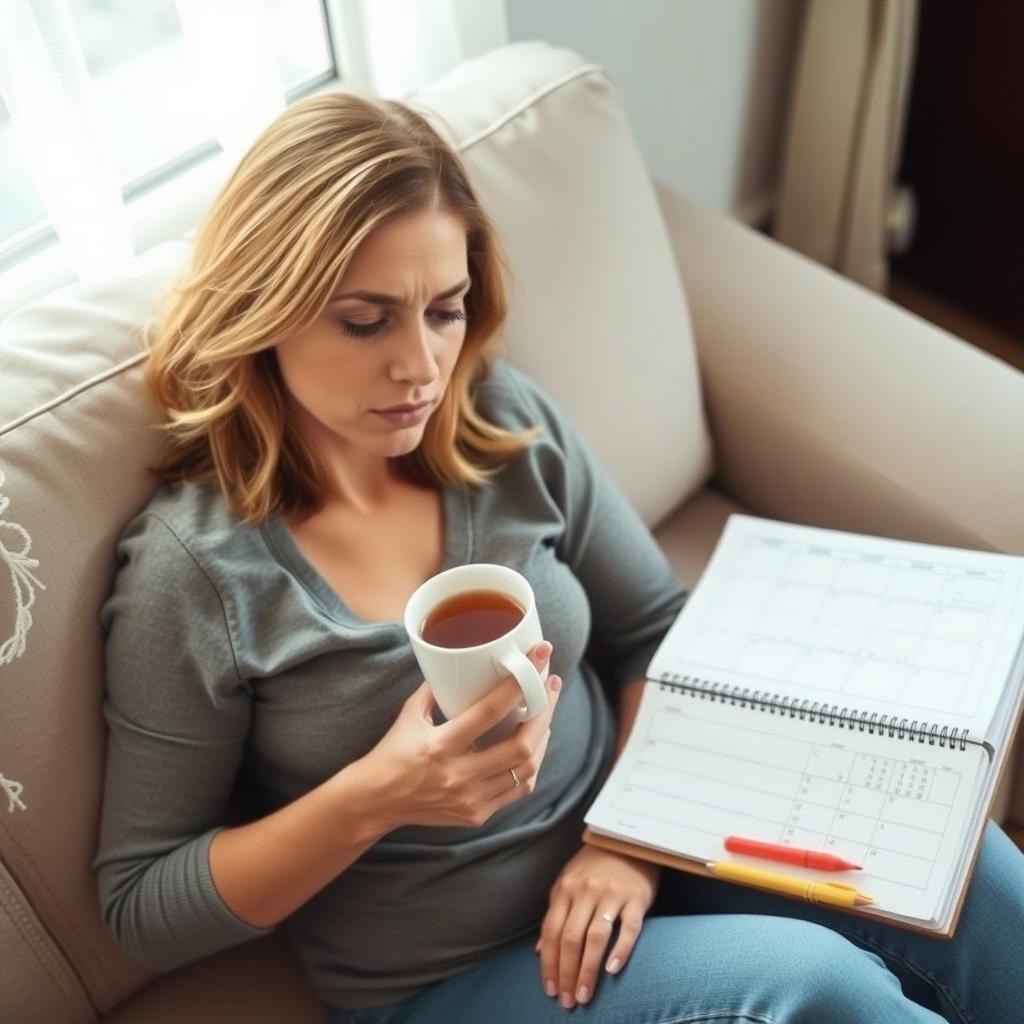Woman resting at home with tea and IVF notebook.