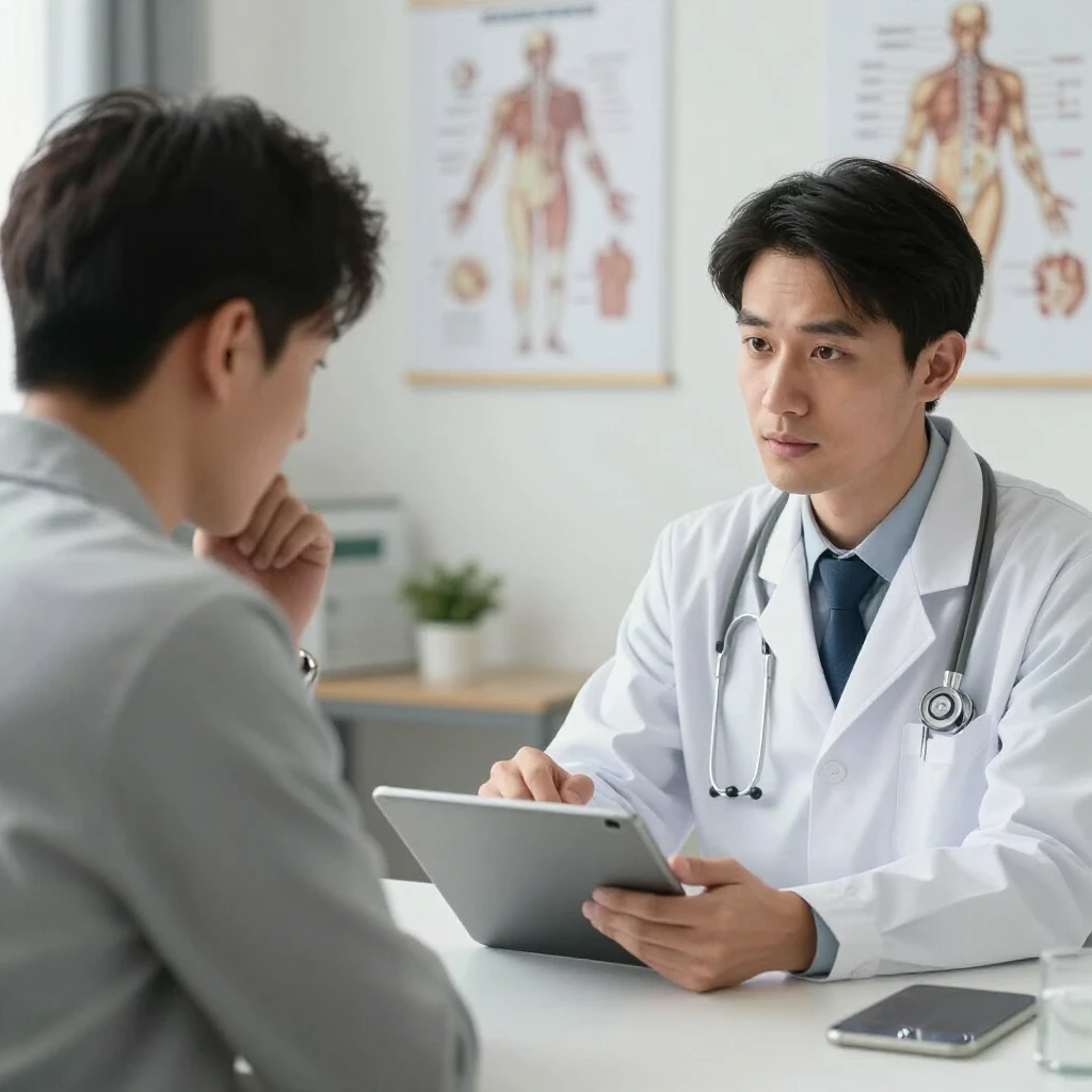 Doctor discussing fertility test results with a male patient in a supportive clinic setting