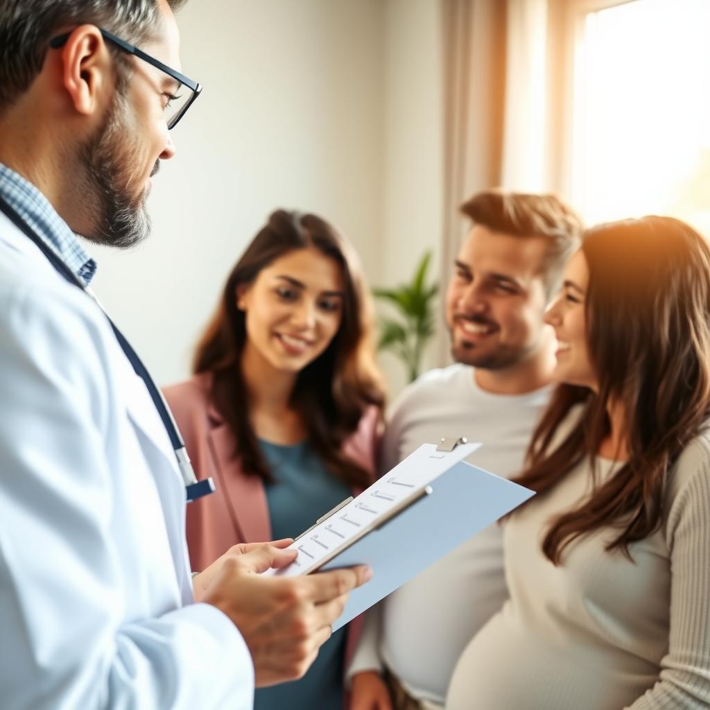 Doctor discussing fertility test results with a couple in a medical office