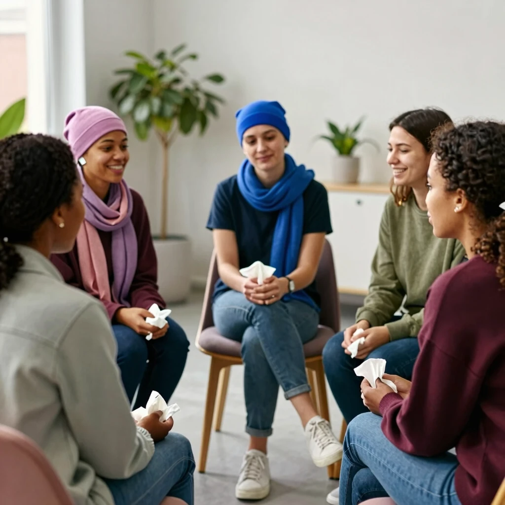 Support group for cancer patients discussing emotional aspects of fertility preservation