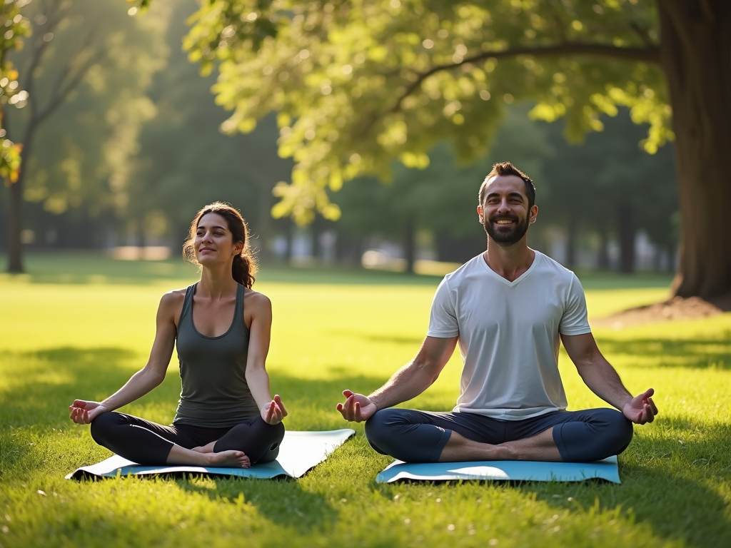 Couple practicing yoga to reduce stress