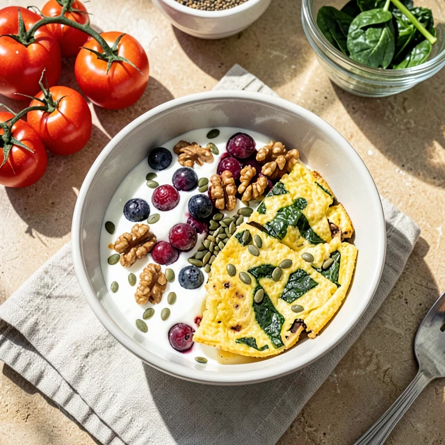 Healthy breakfast bowl with berries, nuts and eggs for male fertility support