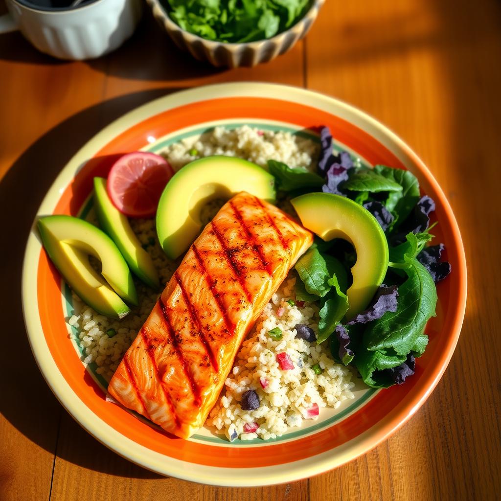 Healthy meal with salmon, quinoa, avocados, and leafy greens on a wooden table.