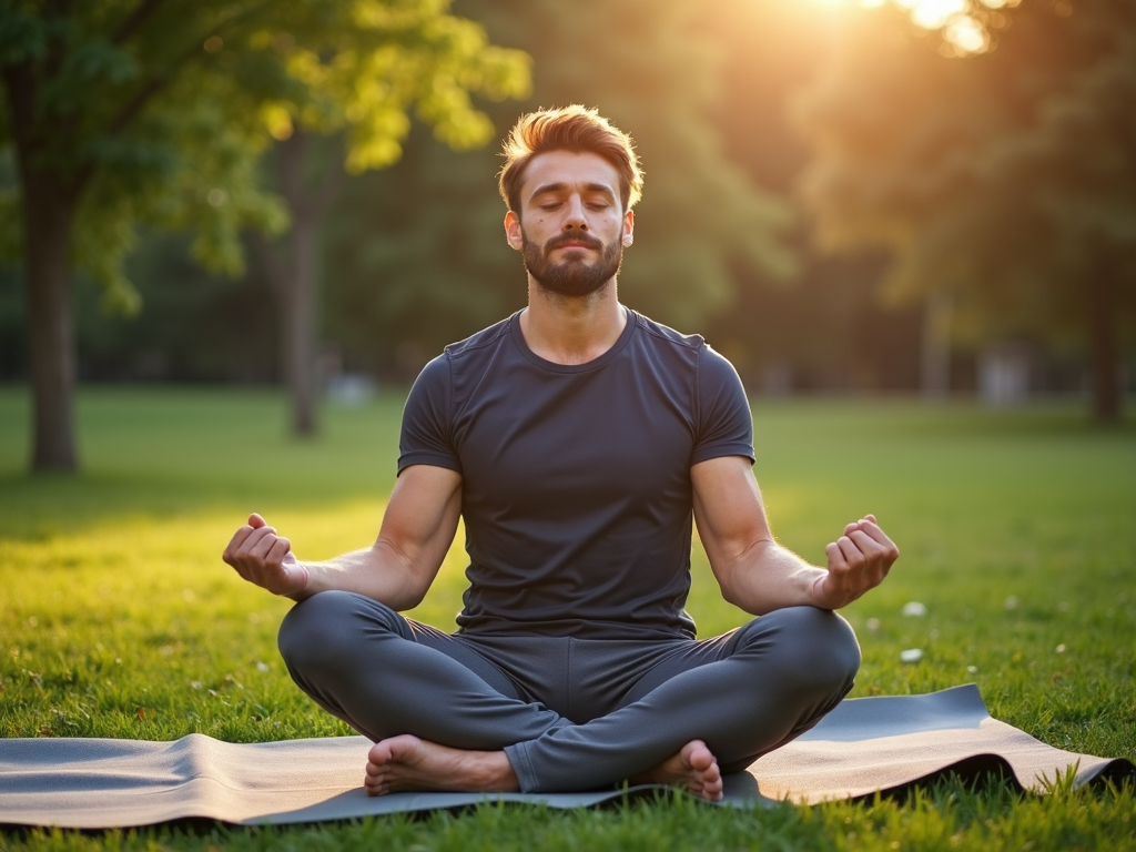 Man doing yoga in a park to lower stress.