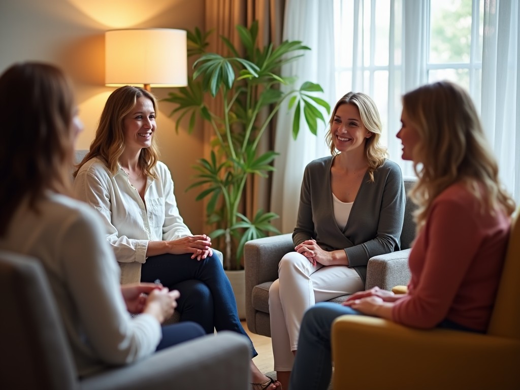 A group of supportive women sharing stories in a clinic