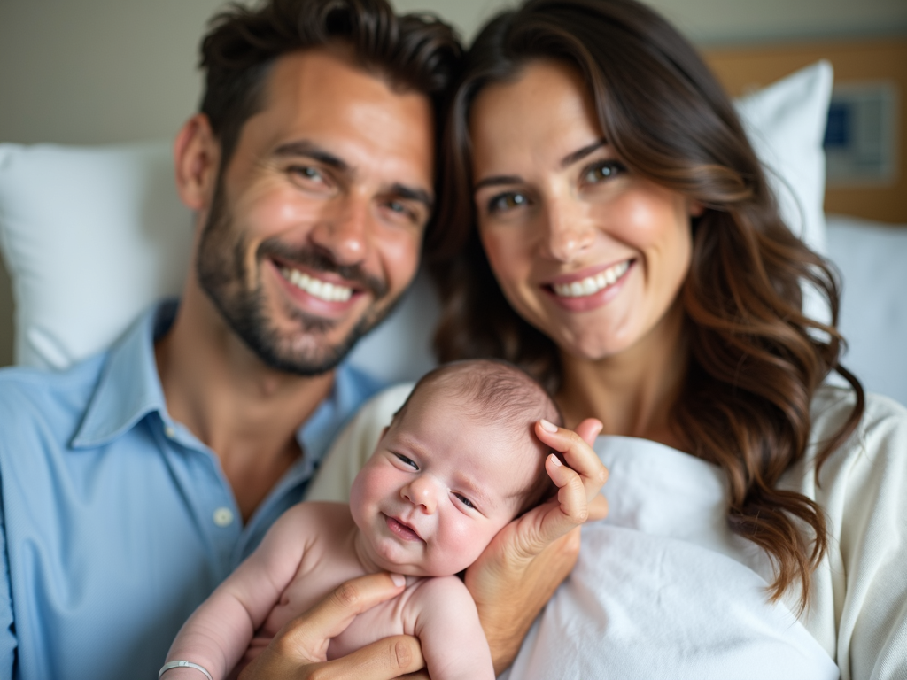 A joyful couple with their newborn baby, symbolizing the success of reproductive medicine.