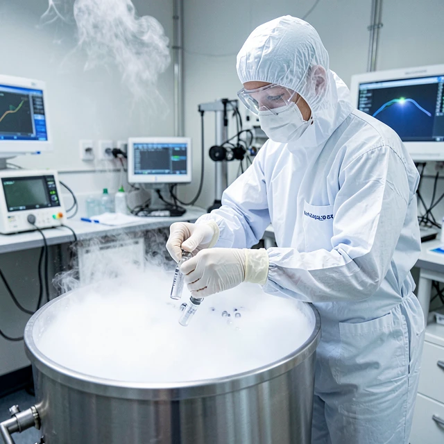 Laboratory technician performing cryopreservation of eggs or embryos