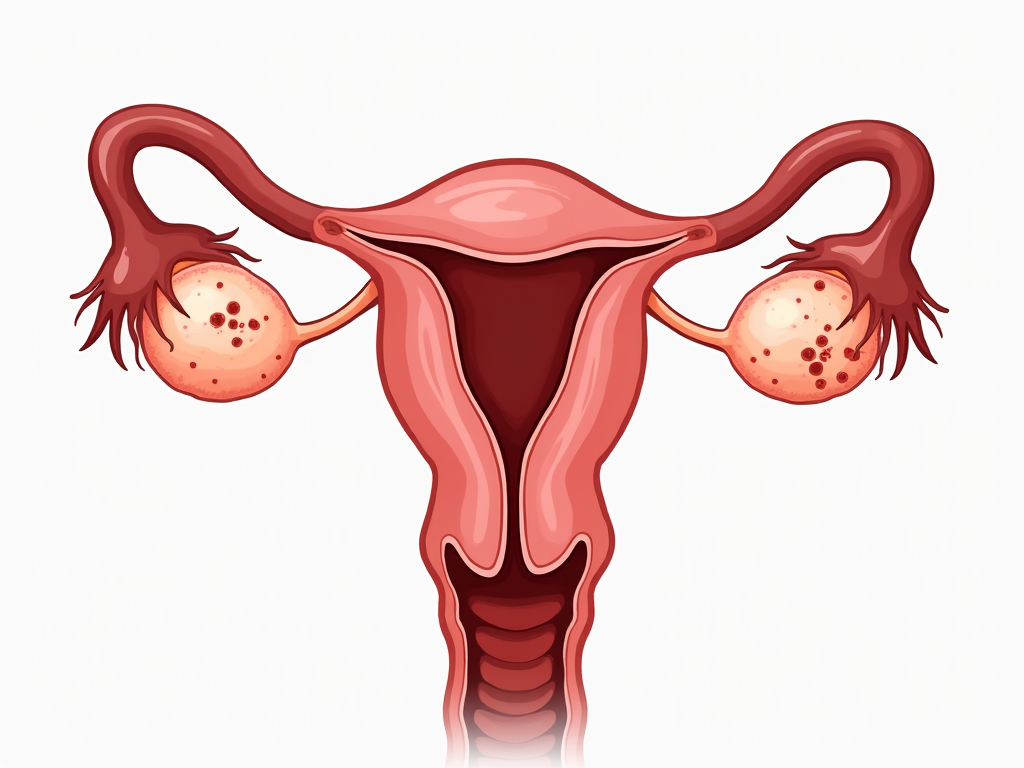 Illustration of female reproductive system with endometriosis