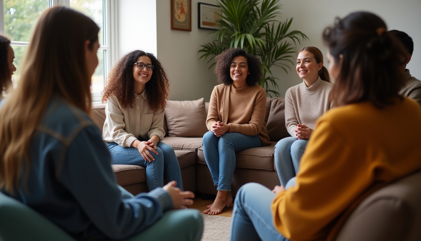 A group therapy session with individuals sharing and listening, creating a supportive environment.