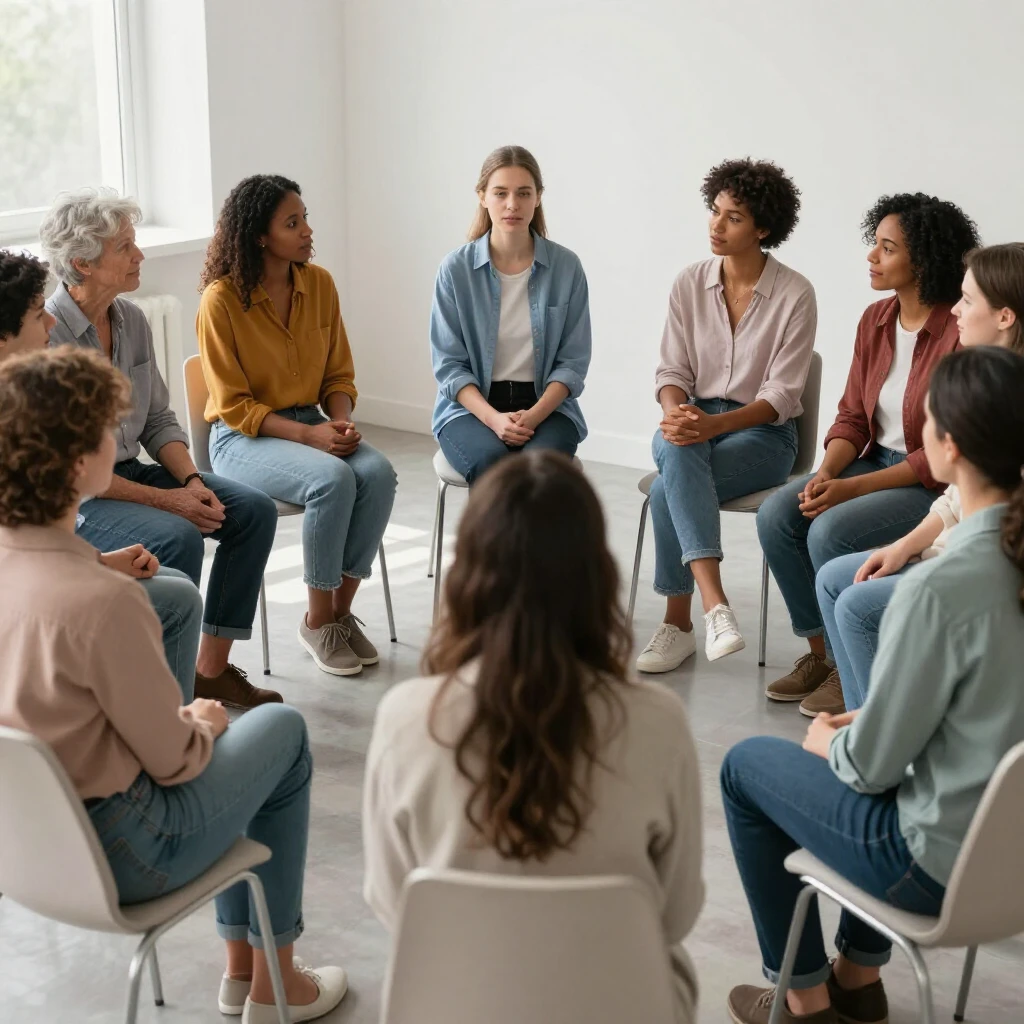 A diverse support group circle discussing infertility experiences