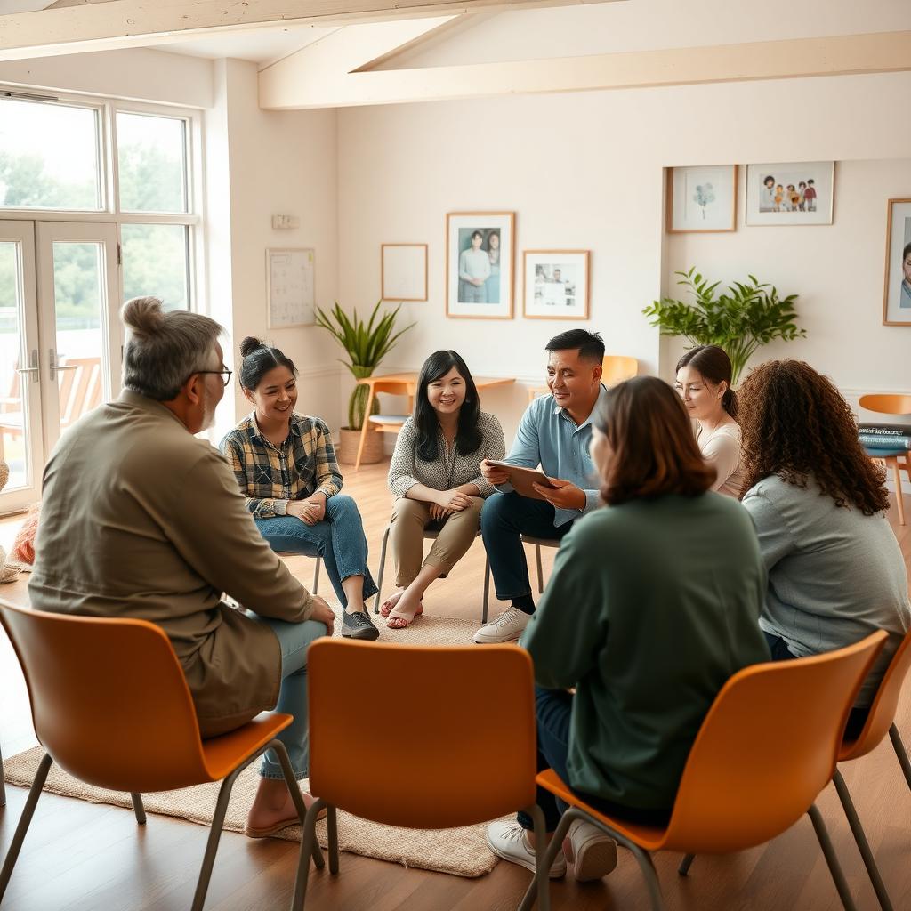 Support group meeting in a bright community center.