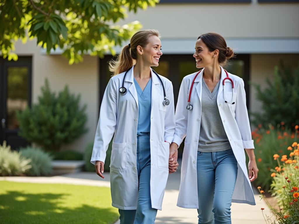 Doctor and patient in clinic garden