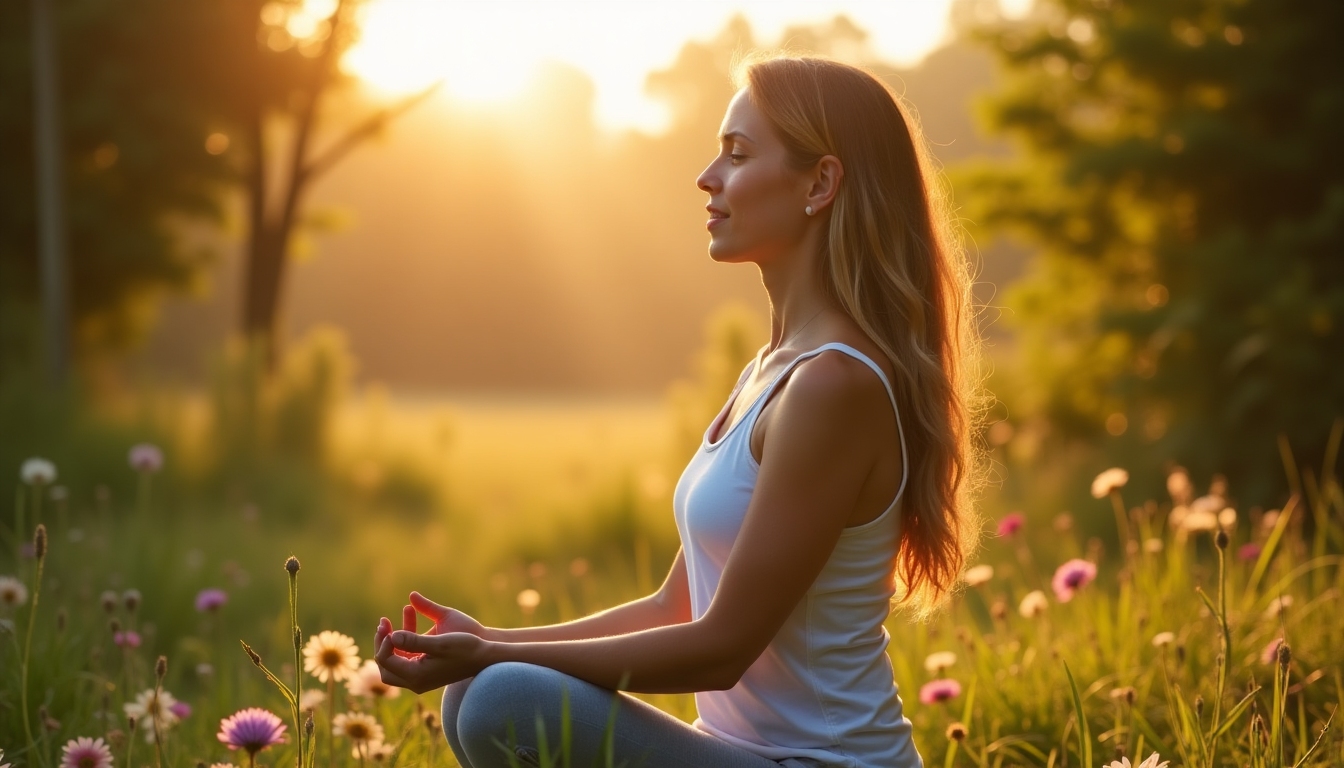 A woman meditating in a clean, serene space to manage stress.