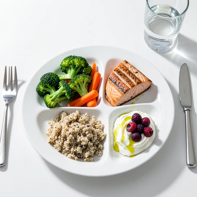 Example of a balanced fertility-supporting meal plate with salmon, vegetables, grains, and berries
